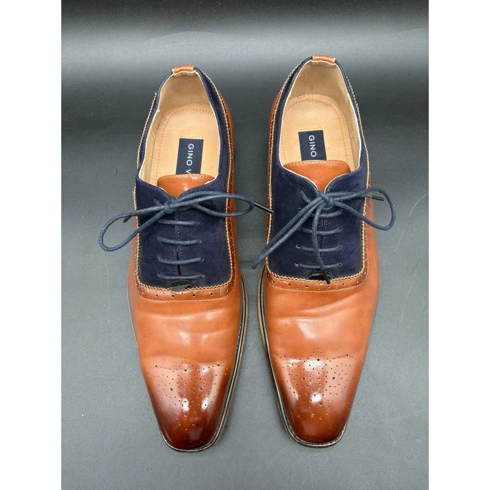Gino Vitale Oxford Mens 11 Tan Navy Blue Excellent‎ Two Tone Brogue Dress Shoes